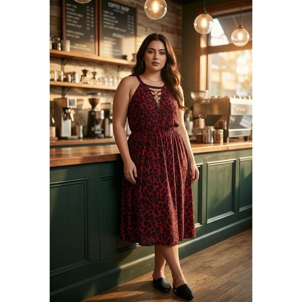 Torrid Red Leopard Print Halter Midi Dress O-Ring Keyhole Plus Size 1 XL
